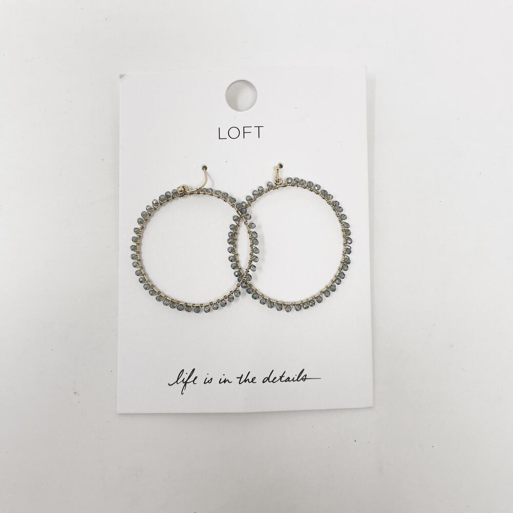 New LOFT Gold Blue Gemstone Embellished Circle Hoop Earrings Hook Closure